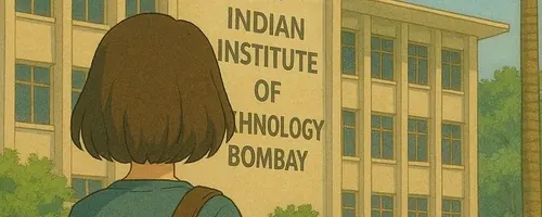 Illustrated student looking up at the Indian Institute of Technology Bombay