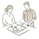 Line drawing: two people standing over plans on a table