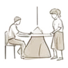 Line drawing: two people working at a table with a lamp